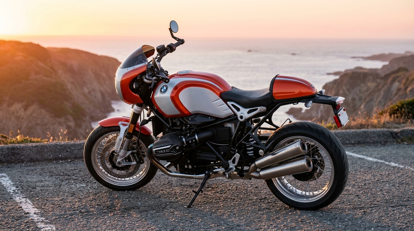2025 BMW R 12 S in Lava Orange Metallic with cockpit half-fairing, rear seat cowl, and Option 719 Classic II spoked wheels overlooking the Pacific Coast