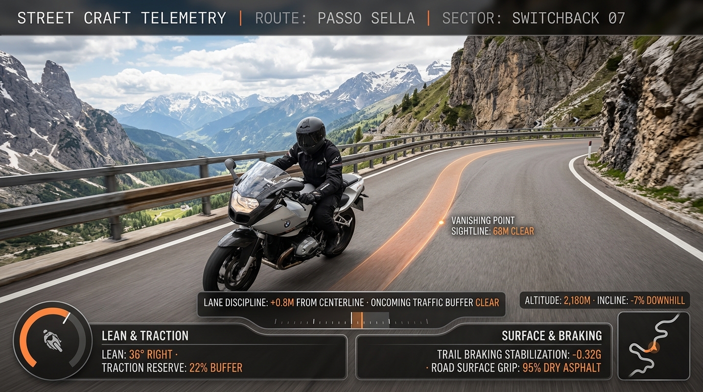 Ride Coach Street Craft telemetry analytics showing vanishing point sightline, lane buffer, and traction reserve margin on Passo Sella