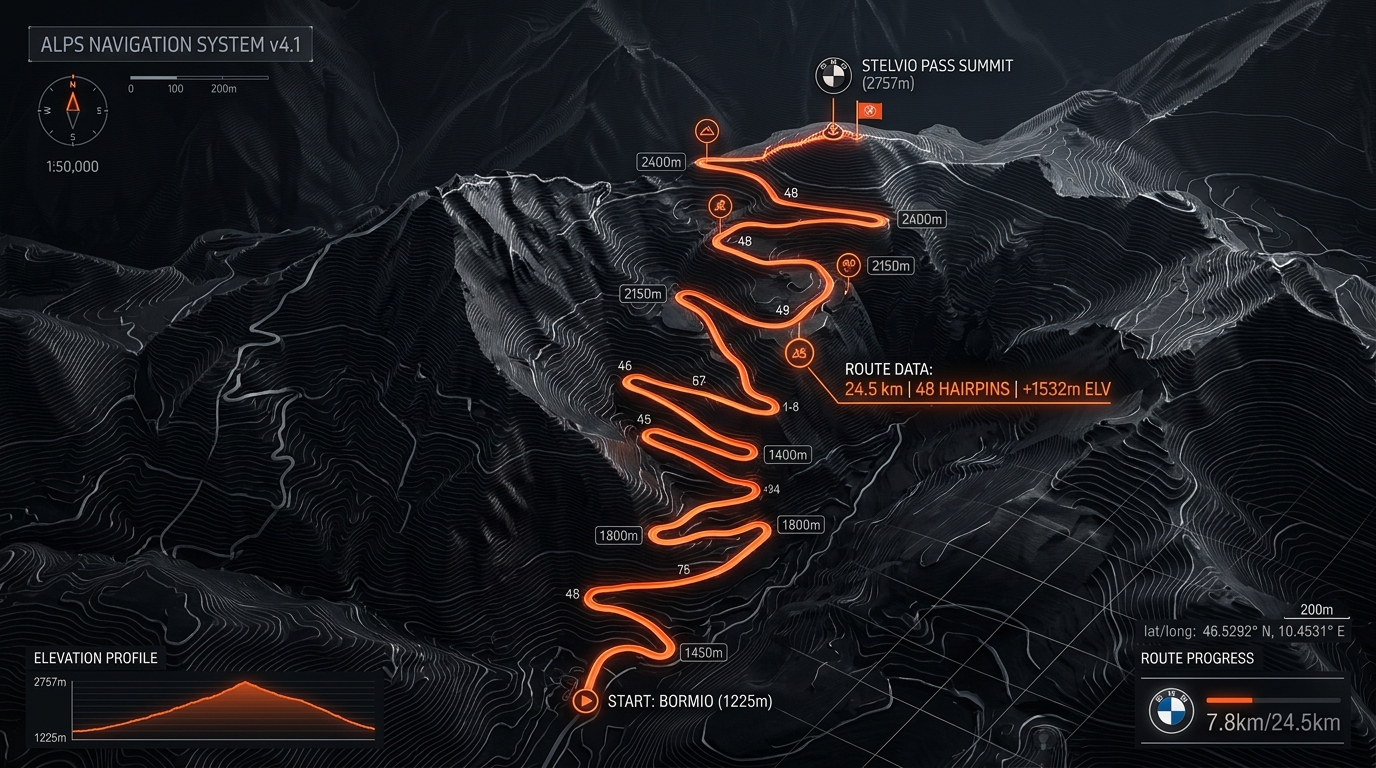 3D Topographic route visual of Passo dello Stelvio showing 48 hairpins and elevation profile